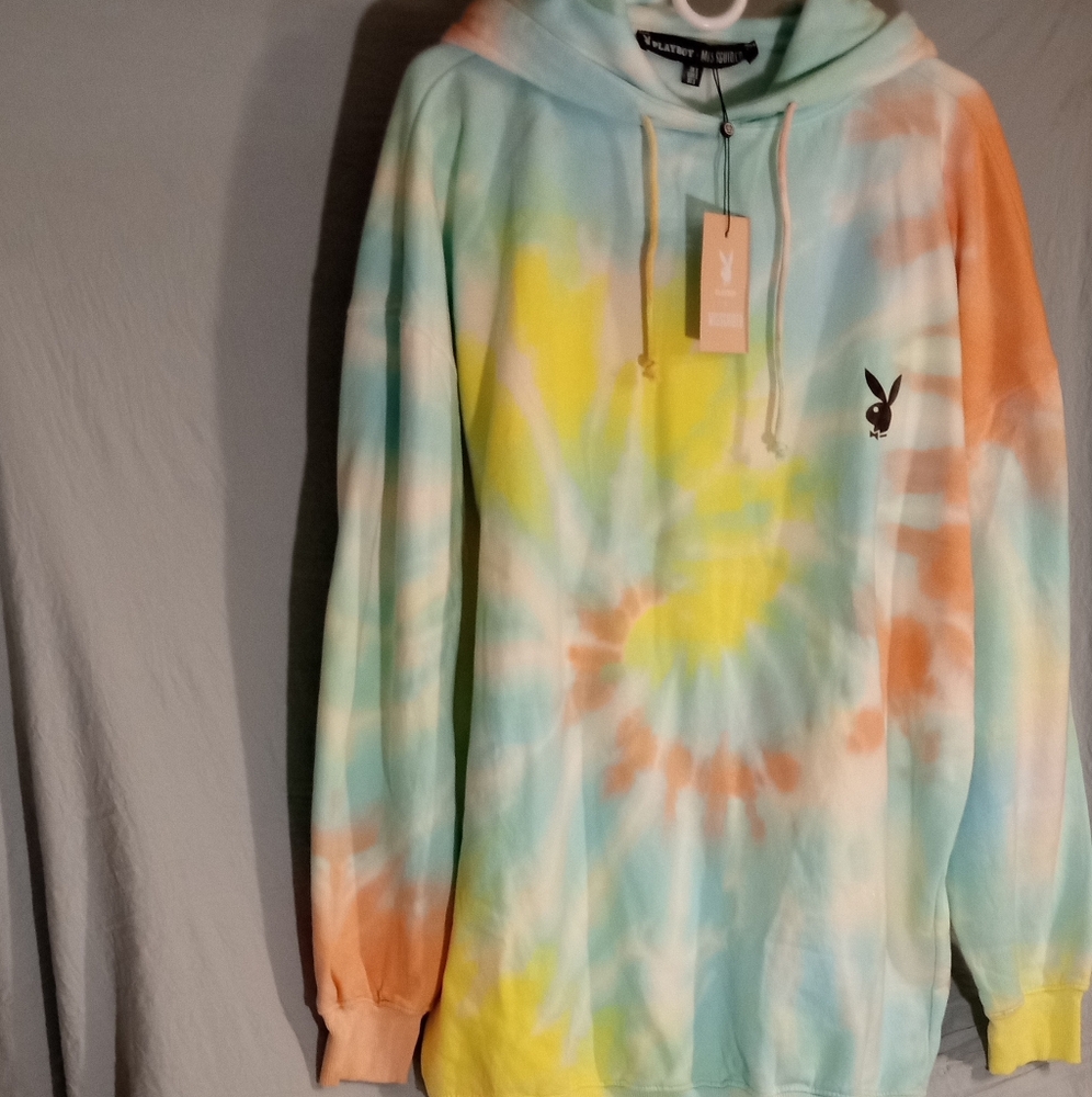 PLAYBOY / Misguided oversized Blue, Yellow, White & Melon color Hoodie Dress